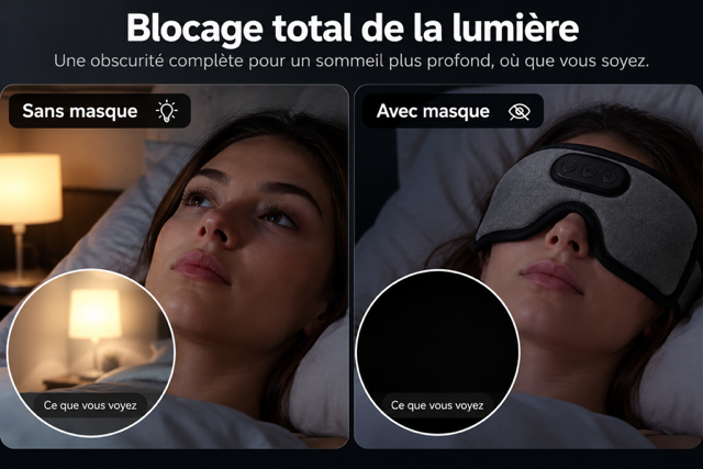 Comparaison avec et sans masque de sommeil : blocage total de la lumière