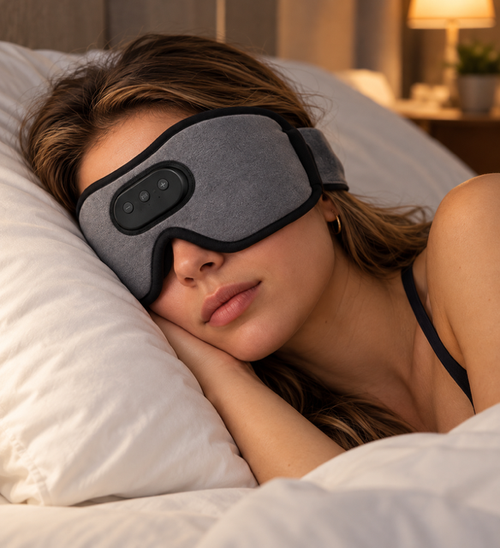 Femme dormant avec le masque de sommeil Bluetooth NoirCocoon