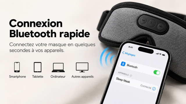 Connexion Bluetooth rapide du masque avec smartphone, tablette et ordinateur