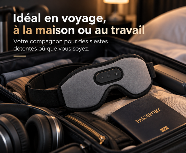 Masque de sommeil Bluetooth dans une valise, idéal en voyage